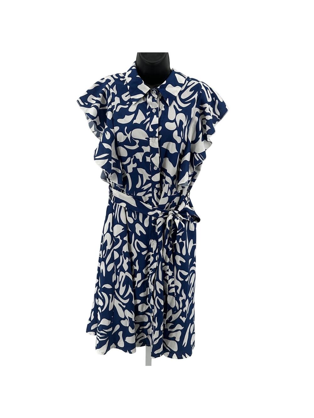 Shein Curve Dress WMNS 2XL Blue White Printed Button Up Collared Flutter Sleeve